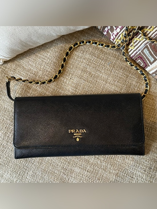 Prada Handbags - Prada Black Saffiano Metal Leather Logo Wallet On Chain